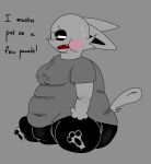 anthro black_bottomwear black_clothing black_pants blush bodily_fluids bottomwear clothed clothing dialogue eyewear felid feline fur glasses grey_body grey_clothing grey_fur grey_shirt grey_topwear hard_nipples hi_res male mammal overweight pants shirt solo sweat sweaty_body topwear wearing_glasses