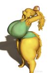 2026 5_fingers anthro big_breasts blonde_hair breasts canid canine canis clothing domestic_dog feet female female_anthro fingers fur green_clothing green_topwear hair hair_over_eyes hi_res huge_breasts hyper hyper_breasts liodimor lucy_tengel_von_braza_(liodimor) mammal panties solo tail thick_thighs toes topwear tying_hair underwear yellow_body yellow_fur yellow_tail