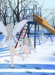  4girls absurdres angel angel_wings bare_tree barefoot blonde_hair blue_eyes blue_sky clone comitia_148 commentary_request cover cover_page day doujin_cover feathered_wings footprints halo heterochromia highres long_hair long_sleeves multiple_girls on_ground on_swing original outdoors playground purple_eyes shirt shorts sitting sky slide snow standing swing swing_set textless_cover_page textless_version traditional_halo tree two_side_up white_shirt white_shorts white_wings wings winter yasumibi_roa 