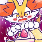 1:1 2025 ambiguous_anthro ambiguous_gender annyui0611 anthro biped braixen cake canid cute_fangs dessert digital_drawing_(artwork) digital_media_(artwork) dutch_angle fangs food fruit generation_6_pokemon half-length_portrait hi_res japanese_description mammal nintendo object_in_tail open_mouth plant pokemon pokemon_(species) portrait shrimp_(food) simple_background solo sparkles sparkling_eyes strawberry tail teeth tongue translated_description wavy_mouth