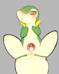 :o anus blush bodily_fluids brown_eyes bubble cervix covering_chest cum cum_bubble cum_in_vagina cum_inside female feral gaping gaping_vagina generation_5_pokemon genital_fluids genitals green_body hi_res leaking_cum looking_down looking_pleasured lying nintendo open_mouth plant pokemon pokemon_(species) reptile reversedright scalie simple_background small_body snivy solo spread_legs spreading stretched_anus stubby_legs tail vines vulva