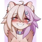 1:1 anthro choker domestic_ferret dun_dun female fur hair hi_res jewelry looking_at_viewer mammal multicolored_body multicolored_fur multicolored_hair mustelid musteline necklace red_eyes simple_background smile smiling_at_viewer solo teeth true_musteline tuma_tt two_tone_body two_tone_fur two_tone_hair weasel