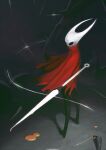  1girl arthropod_girl black_background black_eyes black_skin cloak colored_skin commentary_request empty_eyes english_commentary floating_hair from_side full_body holding holding_weapon hollow_knight hollow_knight:_silksong horned_mask hornet_(hollow_knight) horns jun_(navigavi) looking_to_the_side mask mixed-language_commentary needle_(hollow_knight) red_cloak simple_background solo standing thread variant_set weapon white_hair white_horns 