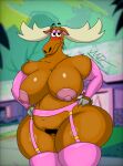 2026 absurd_res accessory anthro antlers armwear becky_(johnny_bravo) belly big_breasts blush breasts brown_body brown_fur cartoon_network clothing deer digital_media_(artwork) eyelashes eyeshadow female floating_eyebrows fur garter garter_belt garter_straps genitals hi_res horn huge_breasts johnny_bravo_(series) legwear looking_at_viewer makeup mammal mgdire671 moose new_world_deer nipples pink_armwear pink_clothing pink_eyeshadow pink_legwear pink_stockings pubes slightly_chubby solo stockings thick_thighs vulva wide_hips