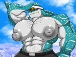 2026 4:3 abs anthro aquatic areola belt biceps big_muscles big_nipples big_pecs bottomwear captain carpet_shark clothed clothing dated detailed_background digital_media_(artwork) fish friendly25 grey_bottomwear grey_clothing grey_pants hand_on_head hat headgear headwear hi_res huge_nipples huge_pecs hyper hyper_nipples i.sharpion_(masterelrest) male muscular muscular_anthro muscular_male nipples pants pants_only pecs red_eyes shark signature solo topless whale_shark