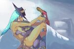 2021 anthro breast_play breast_suck breasts canid canine canis coyote duo female gun hair halalaika handgun hi_res larger_female male male/female mammal ranged_weapon revolver sex simple_background size_difference sol_(halalaika) sucking teal_hair weapon