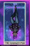anthro antlers bleats bottomwear card clothing deer denim denim_bottomwear denim_clothing english_text fisks fur glowing glowing_eyes hair half-closed_eyes hi_res hoodie hooves horn jeans major_arcana male mammal narrowed_eyes pants purple_hair solo tan_body tan_fur tarot tarot_card text the_hanged_man_(tarot) topwear tusk_(bleats) url water_deer