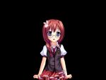  1girl black_background blue_eyes blush braid breasts collared_shirt cowboy_shot fumizuki_yukari fuuka_school_uniform_(hara_hara!!) game_asset glasses hair_intakes hair_ornament hair_over_shoulder hara_hara!! large_variant_set long_hair looking_at_viewer miniskirt necktie non-web_source official_art open_mouth pink_skirt pleated_skirt puffy_short_sleeves puffy_sleeves rabbit_hair_ornament rabbit_ornament red_hair red_necktie school_uniform self-datamine sena_mirai_(hara_hara!!) shirt short_sleeves sidelocks simple_background skirt small_breasts solo standing tachi-e variant_set vest white_shirt 
