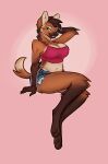 anthro big_breasts bottomwear breasts canid canine clothing denim denim_bottomwear denim_clothing denim_shorts female hand_behind_head hi_res inner_ear_fluff mammal maned_wolf noberius pinup pose shirt shorts slightly_chubby slightly_chubby_anthro slightly_chubby_female smile smiling_at_viewer solo tail tank_top topwear tuft