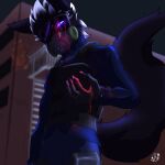 1:1 anthro black_body black_fur blood blood_on_face blood_on_hand bodily_fluids bulletproof_vest canid canine canis fur gas_mask glowing glowing_eyes hair jakesart light long_tail male mammal mask moonlight multicolored_body multicolored_fur night purple_eyes solo tactical tactical_gear tail white_body white_fur white_hair wolf