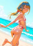  1girl ass barefoot beach bikini brown_eyes brown_hair eyebrows_hidden_by_hair feet flat_chest from_behind hair_ornament hair_tie hairclip highres long_hair looking_at_viewer low_twintails ocean open_mouth original pink_bikini side-tie_bikini_bottom smile soles solo swimsuit tanlines thong thong_bikini toes twintails uzuki_mei walking 