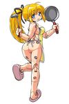  apron ass bad_id bad_pixiv_id blonde_hair blue_eyes blush busou_shinki dd_(ijigendd) doll_joints from_behind frying_pan hair_ribbon ladle long_hair looking_back naked_apron ponytail ribbon rockman roll screw simple_background solo standing standing_on_one_leg 