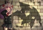  1girl ahoge angel_with_a_shotgun animal_pin arms_behind_back asymmetrical_clothes asymmetrical_legwear bat_wings black_cardigan black_horns black_skirt black_sleeves black_sweater black_thighhighs blank_stare blush blush_stickers bow bowtie brick brick_wall broken_heart broken_heart_hair_ornament brown_hair bullet_hole cardigan cat_skull child choppy_bangs collared_shirt commentary cropped_legs deadpan demon_girl demon_horns demon_wings diagonal_bangs drone empty_eyes english_commentary evil_neuro-sama evil_neuro-sama_(1st_costume) eyelashes fake_horns fake_wings fang feet_out_of_frame food glitch graffiti grasping hair_ornament hair_over_one_eye hair_ribbon hand_on_own_chin hand_on_own_face heart heart_hair_ornament highres holes horns indie_virtual_youtuber light_blush long_hair long_sleeves looking_ahead looking_at_viewer multiple_hair_ribbons open_mouth pepperoni pepperoni_pizza pizza pizza_slice pleated_skirt pocket red_bow red_bowtie red_eyes red_ribbon red_sailor_collar ribbon sailor_collar serious shadow shirt shirt_under_sweater shot_holes sidelocks single_thighhigh single_wing skin_fang skirt skull_hair_ornament solo spray_paint stained_wall staring striped_clothes striped_skirt sunlight swarm_drone_(neuro-sama) sweater swept_bangs teeth thighhighs thighs torn_hair_ribbon torn_ribbon torn_wings turtle twintails ultimageyujin upper_body upper_teeth_only vedal987 vedal_ai virtual_youtuber wavy_hair white_shirt white_trim wind wing_collar wings wispy_bangs x_eye 