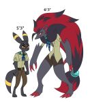 2026 3_fingers 3_toes absurd_res accessory anthro belt black_body black_eyebrows black_fur black_hair black_nose black_text bottomwear brown_bottomwear brown_clothing brown_shorts claws closed_smile clothed clothed_anthro clothed_female clothed_male clothing cowlick duo ear_piercing eeveelution eyebrows facial_piercing feet female finger_claws fingers fluffy fluffy_hair fur generation_2_pokemon generation_5_pokemon grey_body grey_fur hair hair_accessory height height_comparison hi_res hotpants kerchief lucky_(odeko-yma) male markings mouth_closed multicolored_body multicolored_fur multicolored_hair neckerchief neckwear nintendo nose_piercing nose_ring nova_(odeko-yma) odeko-yma piercing pokemon pokemon_(species) pokemon_mystery_dungeon pokemorph red_claws red_eyes red_hair red_inner_ear ring_(marking) ring_piercing shirt shorts simple_background smile spike_chunsoft standing teal_eyes text toe_claws toes topwear tuft umbreon uniform white_background yellow_body yellow_fur yellow_markings yellow_sclera zoroark