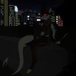 absurd_res advertisement aglykan alien anthro antler_jewelry antlers arm_tuft armband billboard biomechanical bottomwear boxers_(clothing) bracelet building cheek_tuft city cityscape claws clothing contemplating dark_body dark_fur davespaceman digitigrade drawstring drawstring_bottomwear drugs dystopian e-cigarette ear_piercing elbow_tuft english_text eyebrow_piercing eyebrow_slit eyebrows facial_markings facial_piercing facial_tuft fur fur_markings fur_tuft furgonomic_piercing furgonomics gloves glowing glowing_eyes grass green_body green_claws green_fur hair handwear head_markings hi_res horn in_the_dark jewelry kos_(lykythos) living_machine long_tail machine male markings moss mountain multicolored_body muscular muscular_anthro muscular_male necklace neon_lights night noseless one_eye_obstructed outside pants piercing plant pockets red_body red_eyes red_fur shirt shoulder_tuft sitting_on_wall sky skyscraper slim smoking solo spurs star starry_sky sweatpants tail tail_piercing tail_tuft tank_top tassels text topwear tuft two_tone_body underwear wall_(structure) white_body white_fur