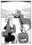 2025 anthro artist_name balls big_breasts border breasts butt carrying_another carrying_partner clothed clothed_anthro clothed_gynomorph clothed_intersex clothing comic comic_panel duffel_bag duo end_page equid equine eyes_closed feet freckles_(artist) genitals gynomorph gynomorph_anthro hair herm_(lore) hi_res horse inside_object intersex intersex_anthro juniper_(freckles) larger_gynomorph larger_intersex male male_anthro mammal monochrome muscular muscular_anthro muscular_gynomorph muscular_intersex nail nude_anthro nude_male page_number plant ponytail procyonid raccoon size_difference sky smaller_male tail text tree white_border
