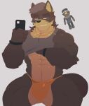abs anthro arm_tuft armband beret biceps black_armband canid canine canis clothed clothing coyote digital_drawing_(artwork) digital_media_(artwork) ear_piercing electronics eyebrows filip_(piggy) gold_(metal) gold_jewelry gold_necklace grey_clothing half-closed_eyes hat headgear headwear hi_res inner_ear_fluff jewelry lineless male mammal muscular muscular_anthro muscular_male narrowed_eyes necklace phone piercing piggy_(roblox) raised_clothing raised_topwear selfie shaded shirt simple_background smile smirk solo tank_top thong topwear tuft underwear whiskers zappyron