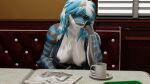 16:9 3d_(artwork) anthro aquatic arm_support black_body blender_(artwork) blue_eyes blue_hair blue_stripes booth breasts clothing clothing_pull coffee_mug digital_media_(artwork) diner female fish flashing flashing_breasts furniture grin grinning_at_viewer hair hi_res leaning_on_elbow looking_at_viewer multicolored_body multicolored_hair newspaper nika_sharkeh nipple_piercing nipples office_depot_(artist) piercing public requiem_shark restaurant revealing_breasts shark shirt sitting smile smiling_at_viewer solo striped_body stripes table tank_top tank_top_pull tiger_shark topwear two_tone_hair warfare_nika white_body white_hair widescreen