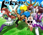  2girls 5boys afro animal_ears black_gloves black_pants blonde_hair blue_sky blunt_bangs bobobo-bo_bo-bobo bobobo-bo_bo-bobo_(character) bow bowtie braid brown_hair brown_shoes bulging_eyes clenched_teeth cloud collared_shirt commentary_request cropped_jacket crossover day ear_covers eye_pop facial_hair full_body gloves grandpa_(grandpa_danger) grandpa_danger grass green_eyes hairband half_up_braid highres hokuto_no_ken horse_ears horse_girl horse_tail jacket konjiki_no_gash!! long_hair looking_at_another looking_back manman_(nicoseiga_273840) menacing_(jojo) motion_blur multiple_boys multiple_crossover multiple_girls mustache neck_ribbon open_mouth orange_hair outdoors pants pantyhose purple_bow purple_bowtie purple_eyes purple_pantyhose purple_ribbon purple_vest ribbon running shirt shoes short_hair silence_suzuka_(innocent_silence)_(umamusume) silence_suzuka_(umamusume) skirt sky souther special_week_(special_dreamer)_(umamusume) special_week_(umamusume) tail teeth umamusume vest victoreem_(konjiki_no_gash!!) white_hairband white_jacket white_pantyhose white_shirt white_shoes white_skirt 