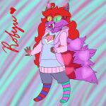 1:1 2021 absurd_res ahoge anthro blue_clothing blue_footwear blue_hoodie blue_socks blue_topwear bottomwear breasts brown_body brown_clothing brown_ears brown_fur brown_hoodie brown_topwear canid canine character_name clothing demigirl_(lore) fangs felid footwear fox fur glowing glowing_eyes glowing_markings green_clothing green_eyes green_footwear green_socks grey_bottomwear grey_clothing grey_shorts hair hi_res hoodie hybrid legwear mammal markings multicolored_hoodie neck_tuft nonbinary_(lore) open_mouth pattern_clothing pattern_footwear pattern_legwear pattern_socks pink_body pink_clothing pink_footwear pink_fur pink_hoodie pink_socks pink_tail pink_topwear prehistoric_species purple_body purple_clothing purple_ears purple_fur purple_hoodie purple_tail purple_topwear red_body red_clothing red_ears red_footwear red_fur red_hair red_socks robyn_(robynsnowyfoxxo) robynsnowyfoxxo saber-toothed_tiger sabertooth_(anatomy) shorts socks solo striped_clothing striped_footwear striped_socks stripes tail teeth text topwear trans_(lore) trans_woman_(lore) tuft white_clothing white_hoodie white_topwear yellow_eyes