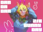  1girl antennae argyle_bow argyle_bowtie argyle_clothes artist_name blonde_hair blue_sweater bow bowtie breasts bunny_day collared_shirt copyright_name dandadan dewa-chan fingernails green_bow green_bowtie green_eyes hair_between_eyes hands_up highres long_fingernails medium_breasts parted_lips pink_background shirt short_hair solo sweater upper_body vamola_(dandadan) white_shirt 