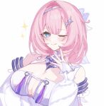  1girl ;) arm_under_breasts blue_eyes blush breasts commentary_request cosplay elysia_(honkai_impact) fingernails hair_intakes hair_ornament hand_up honkai_(series) honkai_impact_3rd large_breasts long_fingernails looking_at_viewer nail_polish one_eye_closed open_mouth pink_hair pink_pupils purple_nails remielle_dan remielle_dan_(cosplay) simple_background smile solo sparkle tdatnst upper_body white_background zenless_zone_zero 