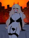 2025 armwear artist_name bedroom_eyes big_breasts black_armwear black_bra black_clothing black_elbow_gloves black_gloves black_handwear black_underwear blonde_hair blush blush_stickers bra breasts charlie_morningstar choker city city_background clothed clothing demon demon_humanoid elbow_gloves female garter_straps gloves hair handwear hazbin_hotel hellaverse hi_res horn huge_breasts humanoid jeny_312 jewelry legs_together lingerie long_hair narrowed_eyes navel necklace not_furry pupils red_horn red_sclera seductive sky slit_pupils small_waist smile solo text thick_thighs twitter_handle underwear underwear_only wide_hips yellow_eyes yellow_sky