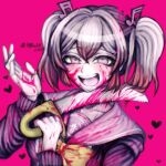  1girl blood bow colored_blood crazy crazy_eyes danganronpa_another f0rtavv12o7 gradient_hair hair_between_eyes hair_ornament heart highres komatsuzaki_rui_(style) long_sleeves multicolored_hair musical_note musical_note_hair_ornament open_clothes open_mouth otonokoji_kanade pink_background pink_blood pink_eyes pink_hair pink_sailor_collar purple_hair sailor_collar saw simple_background smile solo super_danganronpa_another_2 twintails 