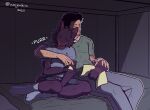 2026 anthro bed bed_sheet bedding bottomwear candy casualties:_unknown clock clothed clothed_anthro clothed_human clothed_male clothing colored dessert digital_media_(artwork) duo felid feline food fully_clothed fully_clothed_anthro fully_clothed_human fully_clothed_male fur furniture gunsaw gunsawian hand_on_tail human lollipop looking_at_another male mammal onomatopoeia purple_body purple_fur purring shirt shorts sitting smile sound_effects stubble tail tail_wraps text topwear voyager_(gunsawian) warjenkins watch wraps wristwatch