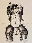 3:4 absurd_res animal_genitalia anthro balls belly big_balls bovid caprine cigarette cigarette_in_mouth ear_piercing ear_ring fully_sheathed fur genitals hands_behind_head hi_res horn looking_away male mammal monochrome nude object_in_mouth olddustt piercing ring_piercing sheath sheep simple_background sitting solo wool_(fur)