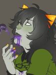 2013 after_sex ahoge alien alien_genitalia black_hair black_sleeves blush blush_lines bodily_fluids breasts canon_couple clothed clothing colored_cum colored_nails crotch_tentacles cum cum_drool cum_in_mouth cum_inside cum_on_breasts cum_on_hand digital_drawing_(artwork) digital_media_(artwork) disembodied_tentacle duo empty_eyes english_description exposed_breasts eyebrow_through_hair eyebrows eyelashes fangs female female/tentacles female_focus fingernails genital_fluids genitals glistening glistening_tentacles green_blush green_clothing green_shirt green_tongue green_topwear grey_background grey_body grey_skin hair homestuck horn horned_humanoid humanoid humanoid_focus kurloz_makara leaking_cum lidded_eyes long_hair looking_at_another looking_at_partner male male/female meulin_leijon monotone_body monotone_skin mostly_offscreen_character ms_paint_adventures nails nose_blush not_furry orange_horn penetration penile penis puni_(artist) purple_cum purple_fluid purple_genitals purple_tentacles raised_clothing raised_shirt raised_topwear sex shirt side_view simple_background small_breasts solo_focus tapering_penis tapering_tentacles teeth tentacle_sex tentacle_slime tentacles tongue tongue_out topwear translucent translucent_hair troll_(homestuck) unusual_bodily_fluids unusual_cum unusual_genital_fluids yellow_fingernails yellow_nails