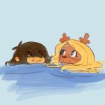 1:1 2026 ambiguous_gender ambiguous_human anthro antlers deer deltarune duo female female_anthro happy hi_res horn human jaggedspine kris_dreemurr lake lightner looking_up mammal noelle_holiday nonbinary_(lore) red_eyes snowgrave swimming undertale_(series)