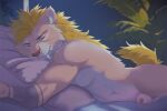 animal_genitalia anthro balls bed eyes_closed fangs felid fur furgonomic_piercing furgonomics furniture genital_piercing genitals hair lying male mammal mane muscular nude omez pantherine penis piercing pillow red_penis sabertooth_(anatomy) sheath sheath_piercing short_tail sleeping smile tail teeth tongue