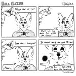 1:1 4_fingers 4_panel_comic ambiguous_gender anthro big_ears black_and_white canid canine clothed clothing comic confusion device dialogue digital_drawing_(artwork) digital_media_(artwork) duo english_text fingers greyscale hi_res humor male mammal monochrome peeper_(totalstinker) shaded shirt sketch slink_(totalstinker) speech_bubble text title topwear totalstinker unknown_species worried