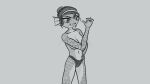16:9 accessory aquatic breasts cleavage clothed clothing convenient_censorship ear_fins female fin gesture hair hair_accessory hair_bun hairband hand_gesture hand_on_hip looking_at_viewer merfolk monochrome not_anim scales sharp_teeth short_hair smile smiling_at_viewer solo split_form teeth thumbs_up tied_hair traditional_media_(artwork) underwear underwear_only unnamed_character widescreen