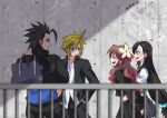  2boys 2girls aerith_gainsborough aerith_gainsborough_(midgard_seventh_high_school) bag bandaid bandaid_on_cheek bandaid_on_face black_hair black_jacket black_serafuku blonde_hair blue_eyes blue_sailor_collar blue_scrunchie blue_shirt blue_skirt blurry blurry_foreground blush brown_hair cloud_strife cloud_strife_(midgard_seventh_high_school) commentary_request concrete_wall cowboy_shot delinquent final_fantasy final_fantasy_vii final_fantasy_vii:_ever_crisis flower from_side gakuran hair_flower hair_ornament hair_scrunchie hand_in_pocket holding holding_bag jacket long_hair looking_at_another low-tied_long_hair multiple_boys multiple_girls neckerchief official_alternate_costume open_clothes open_jacket open_mouth pleated_skirt profile railing red_eyes red_neckerchief sailor_collar school_uniform scrunchie serafuku shikiwo shirt short_hair skirt smile tifa_lockhart tifa_lockhart_(midgard_seventh_high_school) watermark watermark_grid white_serafuku white_shirt zack_fair zack_fair_(midgard_seventh_high_school) 