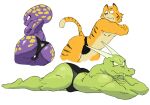 2025 2_horns alien anthro appule big_butt biped black_eyes black_nose black_stripes blueberry's_race blueberry_(dragon_ball) bulge butt cheek_tuft clothed clothed_anthro clothed_male clothing crimenes crossed_arms digital_drawing_(artwork) digital_media_(artwork) dipstick_tail dragon_ball dragon_ball_z english_description facial_tuft felid fur glistening glistening_body glistening_butt glistening_clothing glistening_thong glistening_underwear green_body green_scales group hand_on_hip hand_on_own_hip horn legs_together looking_back lying male male_anthro mammal markings mouth_closed multicolored_body multicolored_fur multicolored_tail muscular muscular_anthro muscular_male nipples on_front orange_body orange_fur orange_tail pantherine pecs purple_body purple_nipples rear_view reptile scales scalie simple_background spots spotted_body striped_body striped_fur striped_markings striped_tail stripes tail tail_markings tan_body tan_fur tan_tail tan_tail_tip teeth thong thong_only tiger topless topless_anthro topless_male trio tuft underwear underwear_only white_background white_horn yellow_spots
