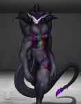4_arms 6_eyes anthro bikini bikini_bottom bikini_on_male black_body blade claws clothing corinoch corinoch_(artist) demon hands_behind_head hi_res horn leotard long_tail looking_at_viewer male multi_arm multi_eye multi_limb multicolored_clothing muscular muscular_male pose rainbow_clothing scales solo spiked_tail spikes spikes_(anatomy) swimwear tail tail_blade two-piece_swimsuit walking walking_towards_viewer weapon_tail white_face