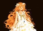  1girl bag bare_arms black_background blush body_freckles bow bowtie brown_background closed_mouth cowboy_shot dated dress freckles frilled_dress frills hair_bow hairband highres ishmael_(project_moon) kampuzu limbus_company long_hair looking_to_the_side orange_eyes orange_hair project_moon shoulder_bag sidelocks simple_background sleeveless sleeveless_dress solo very_long_hair wavy_hair white_bow white_dress 