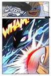 2026 anthro black_body black_clothing black_fur blue_body blue_fire blue_fur border clothed clothing colored_fire comic digital_media_(artwork) duo english_text female fight fire fur generation_1_pokemon generation_4_pokemon glowing glowing_eyes grey_body hi_res humanoid jacket lousia_(wittlemoew) lucario machamp machampion_(wittlemoew) male muscular nintendo pokemon pokemon_(species) punch reaching_towards_another red_eyes self_defense text topwear white_border wittlemoew yellow_body yellow_fur