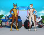 2026 3_toes 5:4 5_fingers abs anthro athletic athletic_anthro athletic_male balls biped brown_body brown_eyes brown_fur canid canine canis chase_(paw_patrol) collar collar_only diacordst domestic_cat domestic_dog duo feet felid feline felis fingers flaccid forest fur genitals german_shepherd glans green_eyes herding_dog hi_res humanoid_genitalia humanoid_penis male male/male male_anthro mammal motorcycle nude orange_body orange_fur outside pastoral_dog paw_patrol penis plant tabby_cat toes tree vehicle wild_(paw_patrol)