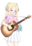  1girl 6th_live_dream_~bloom_garden_party~ absurdres acoustic_guitar blonde_hair blue_hair commentary_request cowboy_shot echoes_beyond_(love_live!) flower flower_stand_art gradient_hair guitar hair_flower hair_ornament highres holding holding_guitar holding_instrument instrument long_hair love_live! love_live!_hasu_no_sora_jogakuin_school_idol_club miniskirt multicolored_hair osawa_rurino pink_flower pink_shirt pleated_skirt rokoroko_65 shirt short_sleeves simple_background skirt solo t-shirt twintails virtual_youtuber white_background white_skirt 
