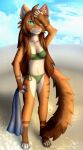 absurd_res anthro art_fight artfight2026 beach beach_towel bikini bikini_bottom bikini_top breasts brown_body brown_fur brown_hair claws clothing digital_media_(artwork) digital_painting_(artwork) domestic_cat felid feline felis female fluffy full-length_portrait fur green_eyes hair hand_on_head hi_res holding_object long_hair long_tail looking_at_viewer mammal markings midriff nalini_(freyana) orange_body orange_fur painting_(artwork) portrait smile solo stellamerryfox striped_body striped_fur striped_markings stripes swimwear tail tan_body tan_fur towel two-piece_swimsuit water yellow_sclera