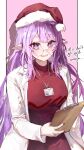  1girl absurdres clipboard coat eepy_sleepy glasses hat highres long_hair mn374390 open_mouth phase_connect pointy_ears purple_eyes purple_hair red_sweater round_eyewear santa_hat solo sweater virtual_youtuber white_coat 