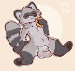 2026 animal_genitalia anthro balls_on_ground belly black_pawpads blush cheek_tuft colored_sketch eating eyes_closed facial_tuft flat_colors food fully_sheathed fur genitals grey_body grey_fur head_tuft hi_res holding_food holding_object male male_anthro mammal mouth_closed navel nude_anthro nude_male pawpads paws procyonid raccoon sheath simple_background sitting sketch solo spread_legs spreading tail taintedstar tuft