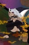 alley alternative_fashion anthro anus bottomwear bottomwear_down canid canid_demon canine choker clothed clothing collar crouching demon ear_piercing feces feces_in_ass feces_on_ground feces_pile female fur gaap genitals grey_hair hair hellaverse hellhound helluva_boss hi_res jewelry loona_(helluva_boss) mammal mythological_canine mythological_creature mythology necklace onomatopoeia partially_clothed piercing pooping pooping_on_floor pooping_outside red_sclera shorts shorts_down smelly solo sound_effects spiked_collar spikes text toilet_paper vulva white_body white_eyes white_fur