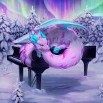 1:1 absurd_res album_cover aurora_(phenomenon) aurorae comfortable cover curled_up dragon eyes_closed feral fluffy fluffy_tail forest fur furred_dragon furred_scalie grand_piano hi_res horn keyboard_instrument lesterart lying male musical_instrument mythological_creature mythological_scalie mythology outside pawpads piano pink_body pink_fur plant scalie sleeping sleeping_on_tail snow solo tail teal_horn tree wings winter