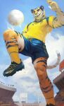 adidas ball bottomwear claws cleats clothing crowd_watching felid fifa footwear hi_res male mammal outside pantherine raised_tail shorts smile soccer soccer_ball soccer_jersey soccer_uniform socks solo sport sports_uniform sportswear stadium stadium_background stadium_lighting stripes sweden_national_football_team tail teeth tiger uniform whiteleonard world_cup