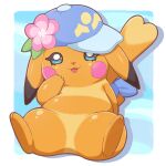 1:1 2026 alpha_channel beady_eyes biped bipedal_feral cel_shading cheek_spots clothing digital_drawing_(artwork) digital_media_(artwork) featureless_crotch female female_feral feral flower_on_head front_view generation_1_pokemon glistening glistening_body hand_on_cheek hat headgear headwear heart_tail looking_at_viewer monotone_body ms._wavychu nayori nintendo open_mouth open_smile pikachu pivoted_ears pokemon pokemon_(species) shaded smile solo suntan tail tan_line