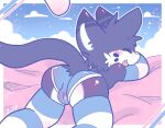 2022 anthro arm_warmers armwear backsack balls blue_armwear blue_clothing blue_legwear blue_thigh_highs blush bottomwear bulge bulge_from_behind butt clothing cute_fangs dipstick_ears dipstick_tail domestic_cat ear_markings ear_tuft facial_tuft fangs felid feline felis fur genitals glistening glistening_butt grey_body grey_fur hi_res hotpants laugh legwear lying male male_anthro mammal markings multicolored_ears on_front open_mouth pattern_arm_warmers pattern_armwear pattern_clothing pattern_legwear pattern_thigh_highs perineum shorts signature solo striped_arm_warmers striped_armwear striped_clothing striped_legwear striped_thigh_highs stripes tail tail_markings tail_tuft teeth thigh_highs tuft white_armwear white_body white_clothing white_fur white_legwear white_thigh_highs zaaru zaku_(zaaru)